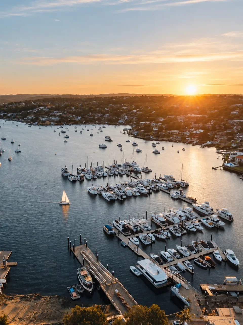 Aerial view of the Cronulla Sailing Club marina at sunset, with moored boats, a yacht sailing past and waterfront homes along the far shore.