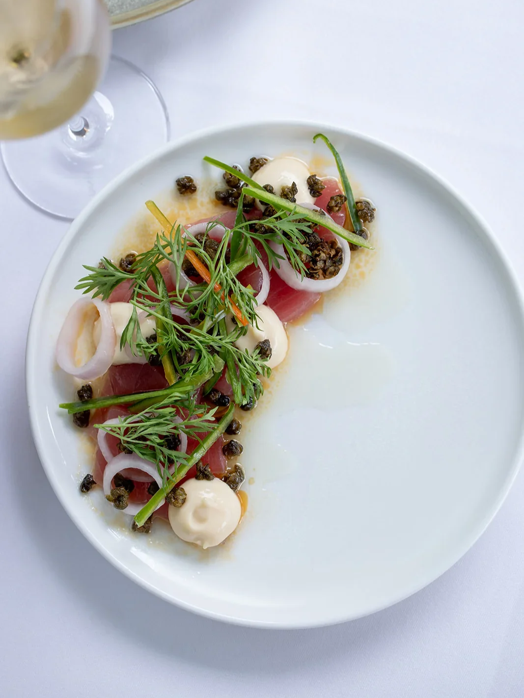 A plated seafood crudo dish with pickled onion, herbs and aioli, served beside a glass of white wine.