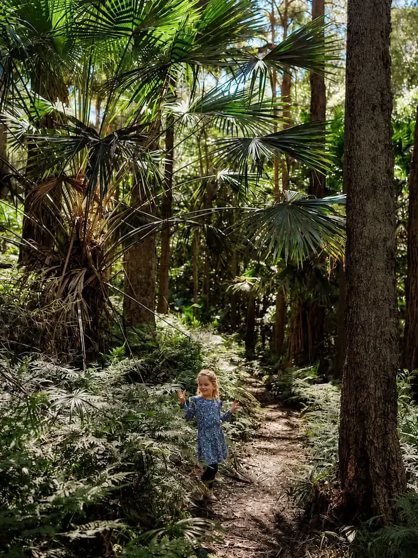 A young girl in a blue floral dress walking along a bushwalking trail in the Sutherland Shire, surrounded by cabbage tree palms, ferns and tall eucalypts with dappled sunlight filtering through.