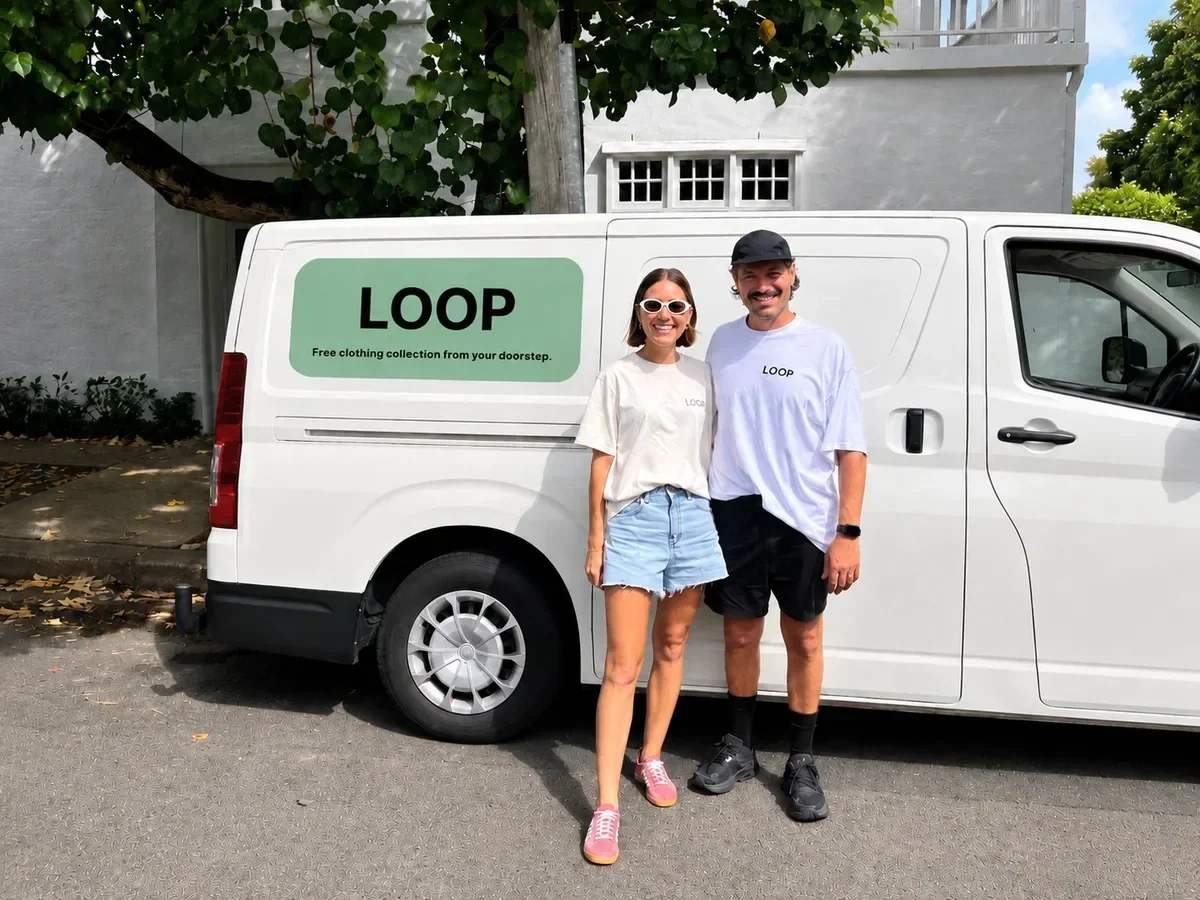 Two smiling LOOP team members standing beside a white branded clothing collection van on a leafy residential street.