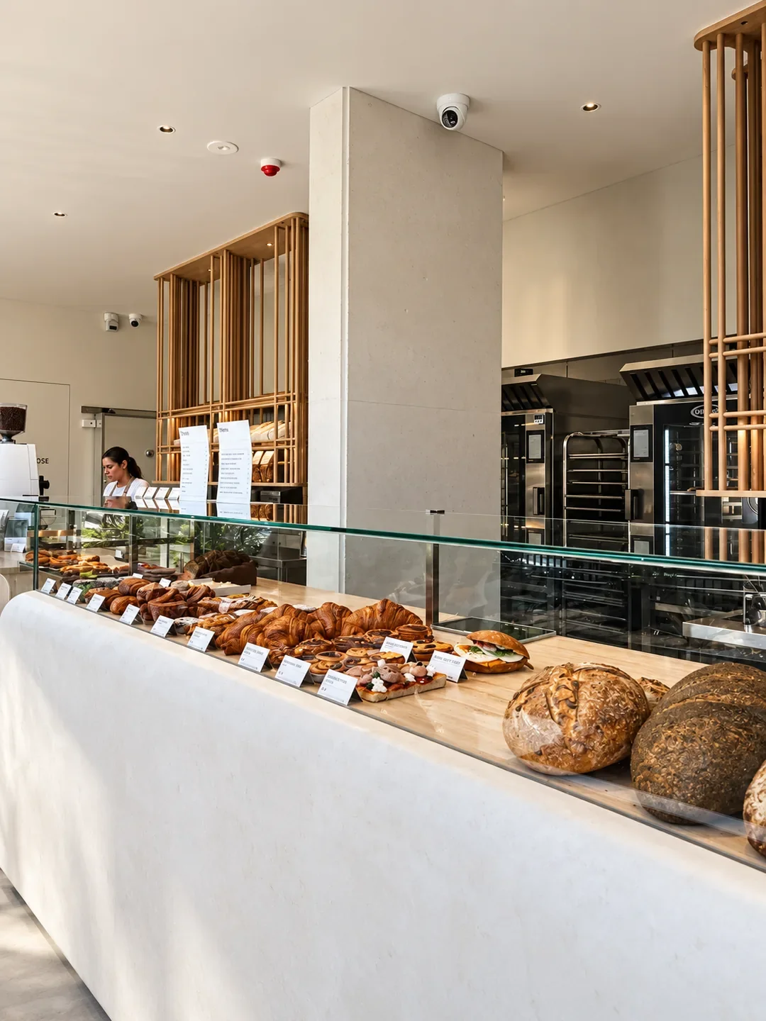 A glass display counter filled with croissants, pastries and loaves at Sonoma Bakery in Menai.