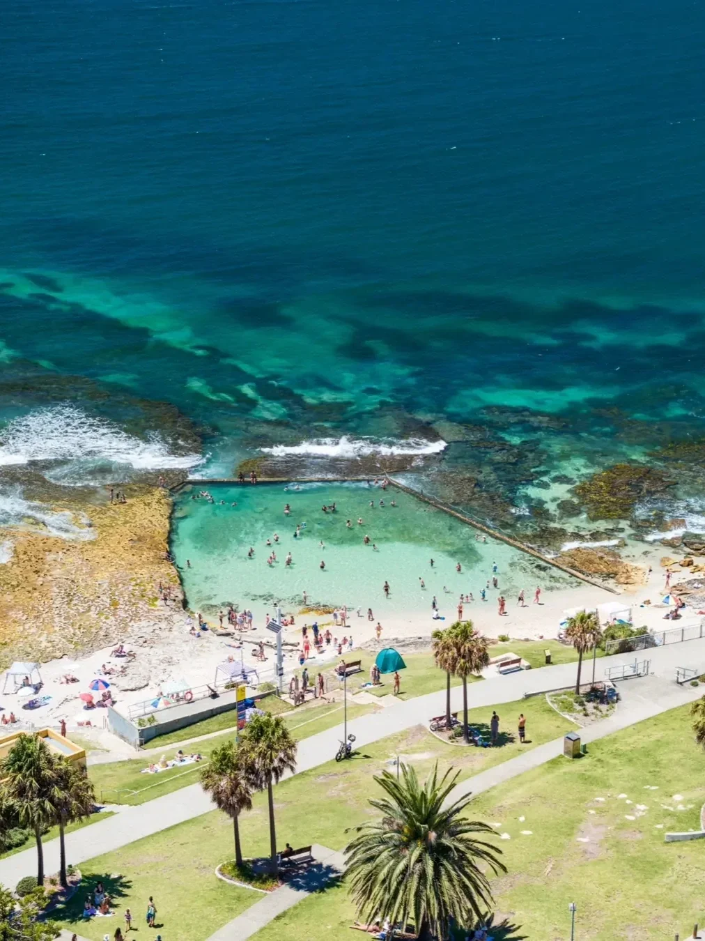 Aerial view of Oak Park in Cronulla, Sydney, featuring a popular ocean rock pool filled with swimmers, surrounded by turquoise waters, rocky coastline and a grassy beachfront park with palm trees on a sunny day.