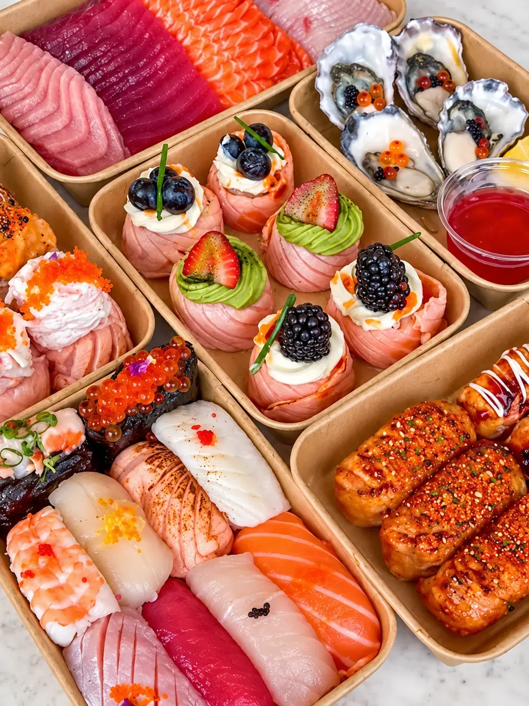 Takeaway trays of sashimi, nigiri, oysters with roe, berry-topped rosettes and spiced grilled rolls from Get Sashimi in Cronulla.