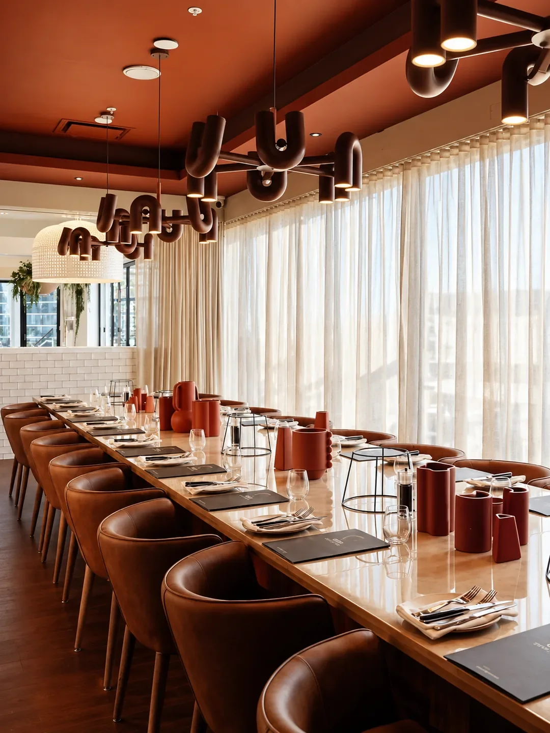 A long table set for a group under terracotta pendant lights and sheer curtains at Osso in Miranda.