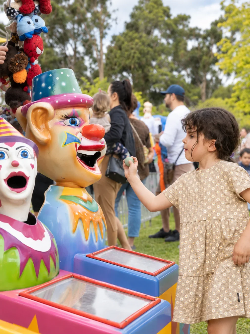A young girl throws a ball at a laughing clown game at Menai Foodie Markets.
