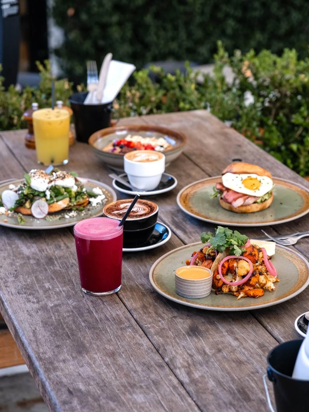 Brunch spread of coffees, juices and share plates at Brickpit Espresso, Kirrawee