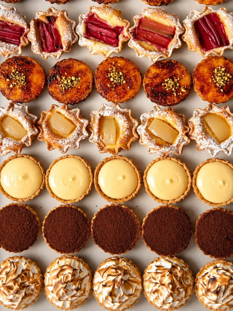 Rows of individual tarts, including rhubarb, pear, custard, chocolate and toasted meringue, at Bourke Street Bakery in Kirrawee.