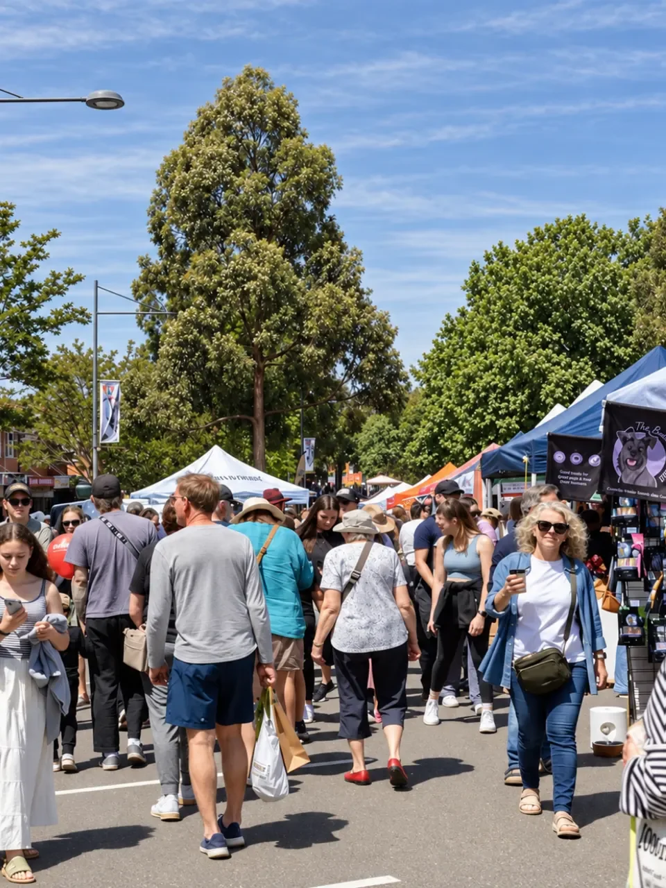 Crowds walking between stalls at Gymea Village Markets on a sunny, tree-lined street.