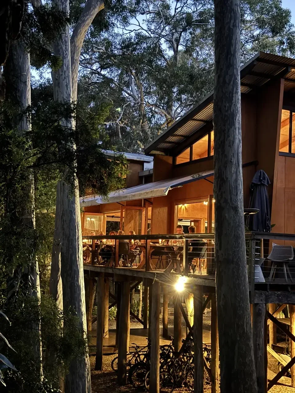 Paperbark camp restaurant with deck among the pines