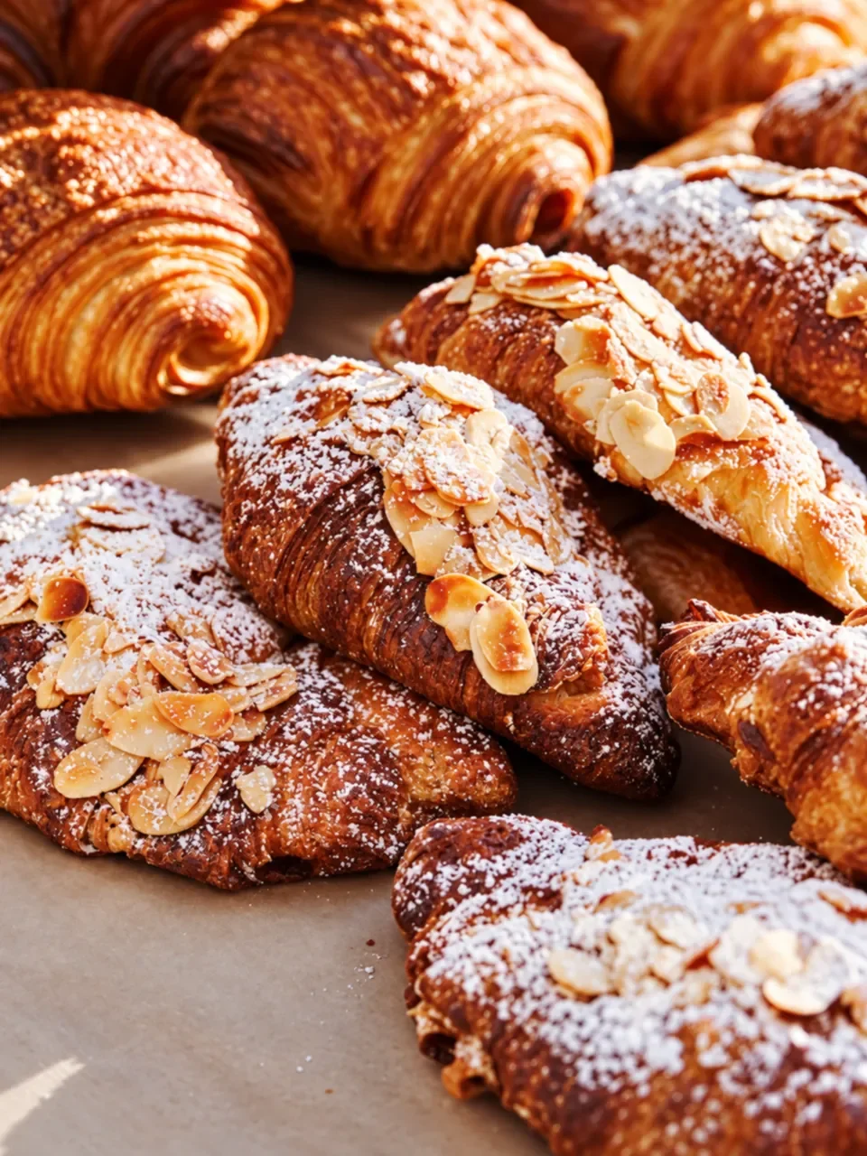 Almond croissants dusted with icing sugar and topped with flaked almonds, beside plain croissants, at Thoroughbread in Kirrawee.