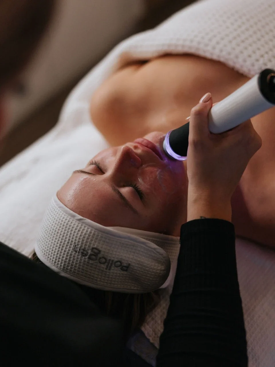 Light therapy facial treatment being performed at Essence Day Spa, Bangor.