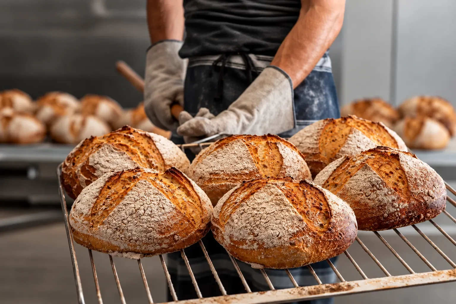 Round scored loaves cool on a wire rack as a baker in oven gloves works behind them at Bourke Street Bakery in Kirrawee.