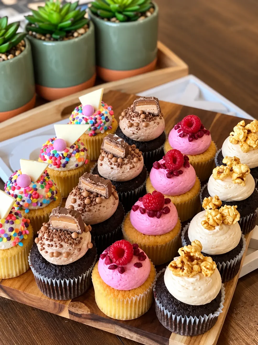 Rows of cupcakes topped with sprinkles, chocolate, raspberries and caramel popcorn at Baked Patisserie in Kirrawee.