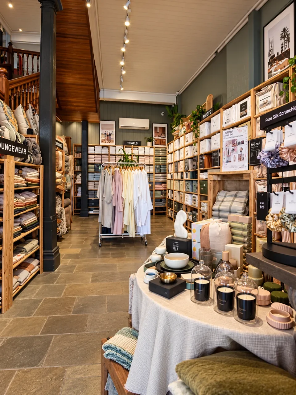 Linen House store in Caringbah with shelves of folded linen, a rack of robes, candles and silk scrunchies.