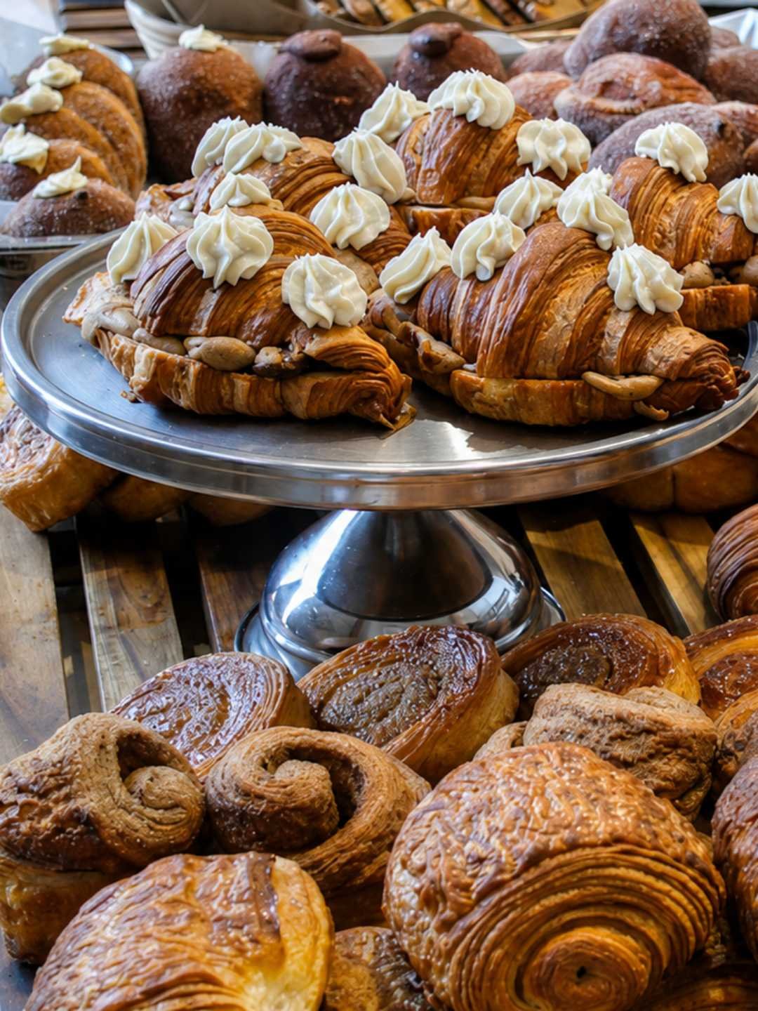 Cream-topped croissants and pastries on display at Thoroughbread, Kirrawee