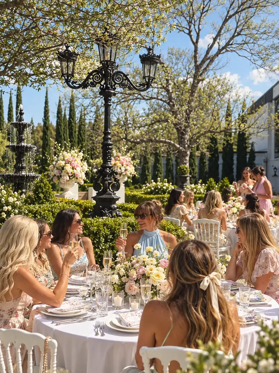 Guests raising glasses of sparkling wine around round tables with white linen and flowers in a garden with a fountain and lamp post at Doltone House in Sylvania.