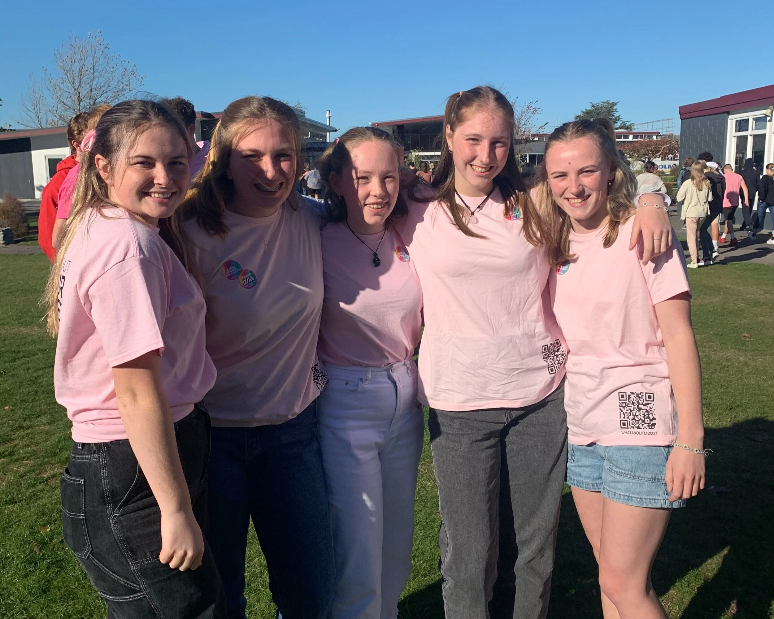 Kuranui College students watch out for their mates on Pink Shirt Day.