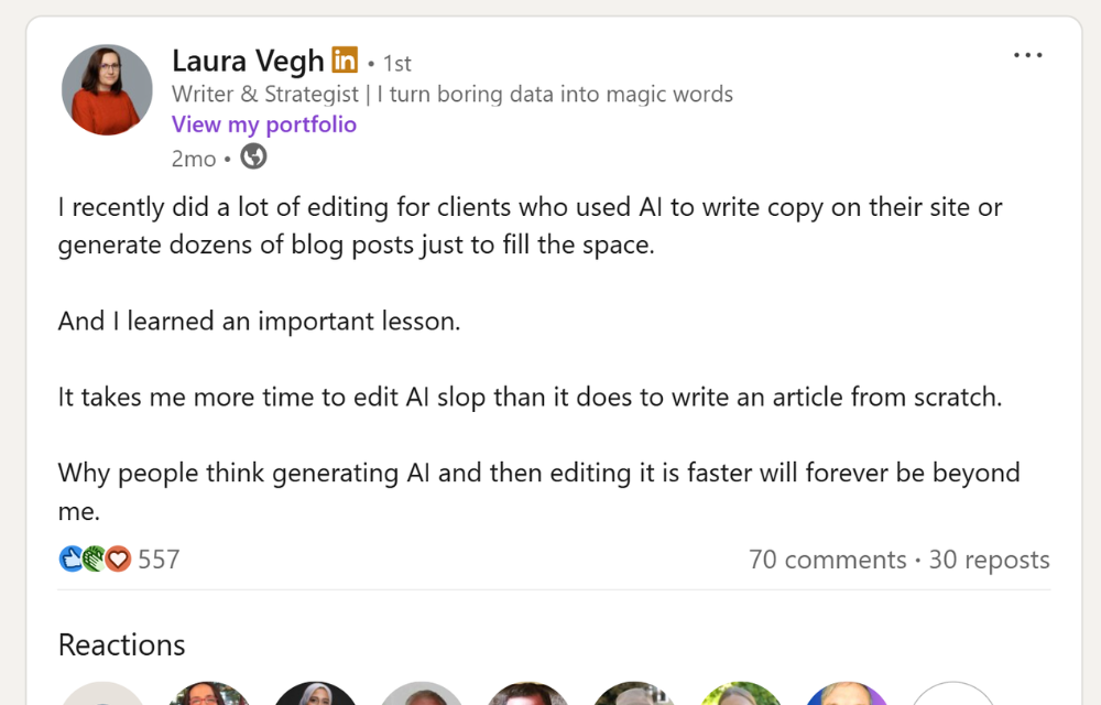 A LinkedIn post by Laura Vegh on AI copywriting went semi-viral on LinkedIn
