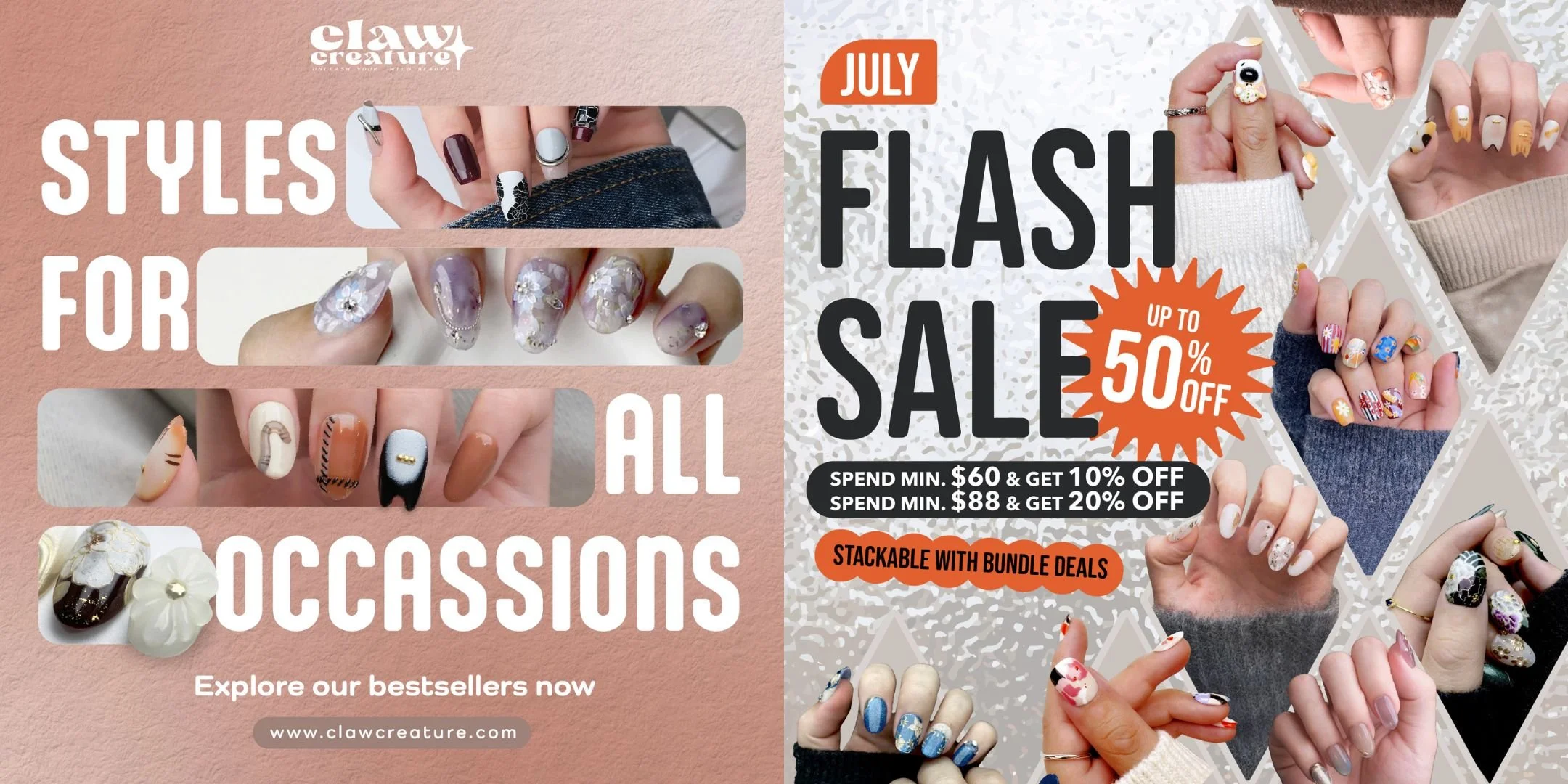 ad designs for a flash sale for a singaporean nail brand, claw creature