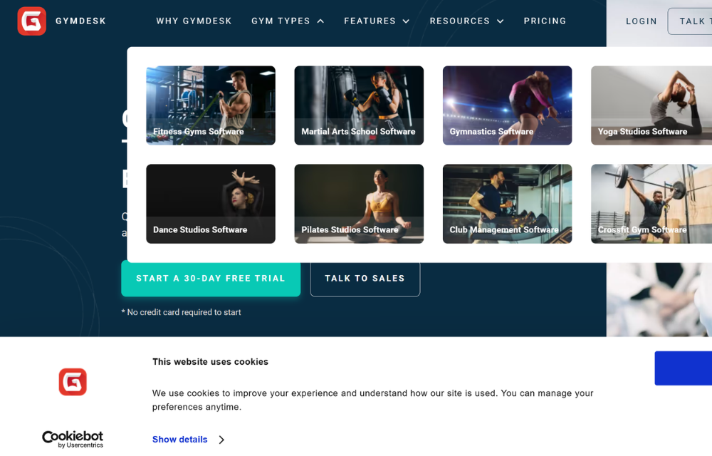 Navigation menu of Gymdesk, a gym management software