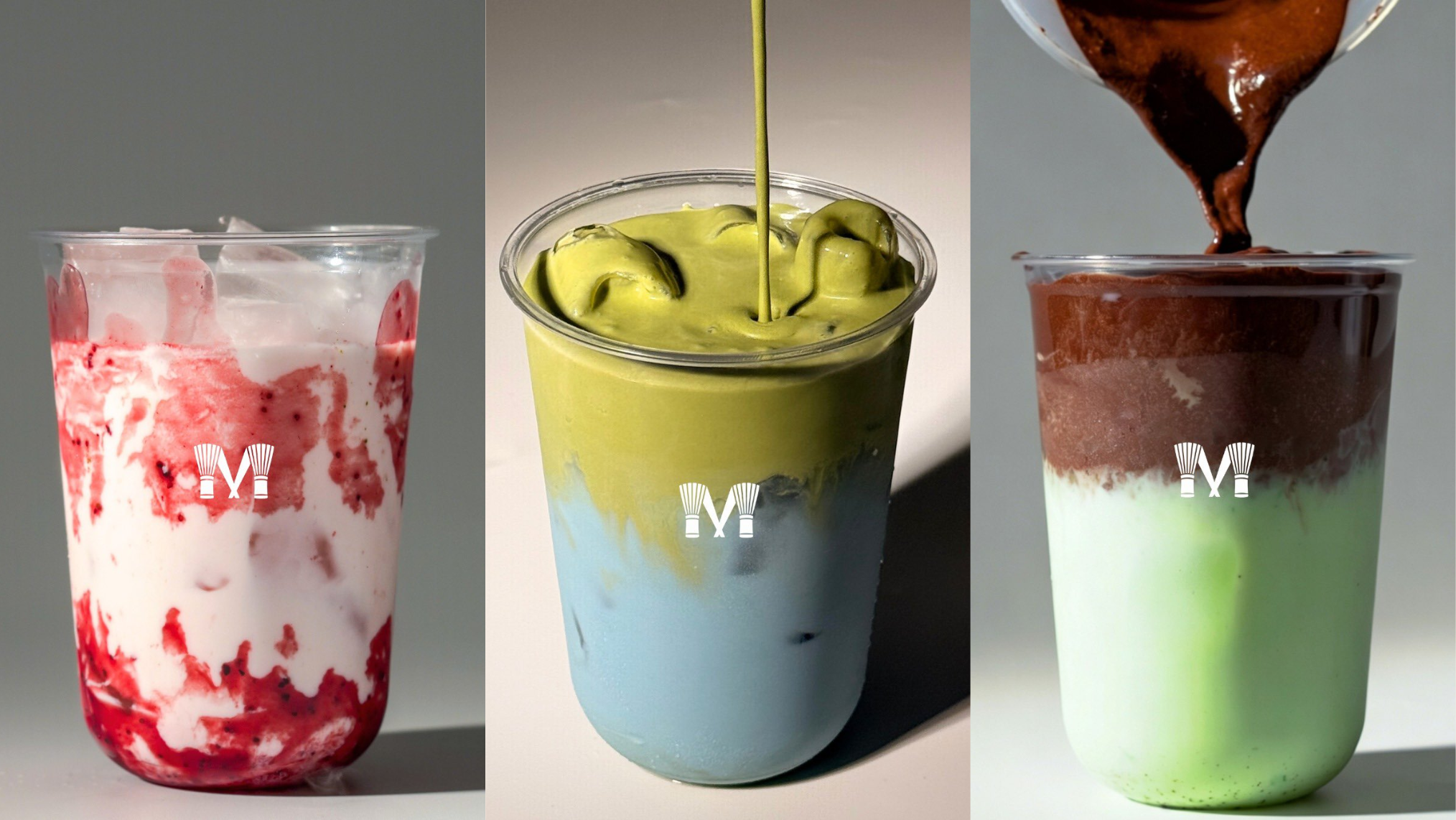 From left to right, Berry Bloom Matcha, Matcha Mochi Cloud, and Choco Mint.