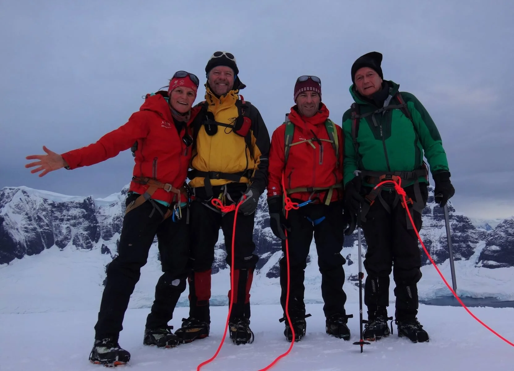 Doumier Peak Antarctic Peninsula; Jane Morris Guy Wittig (AUS) Kevin Nicolas (NZ Mountain Guide) John Clifford (AUS)