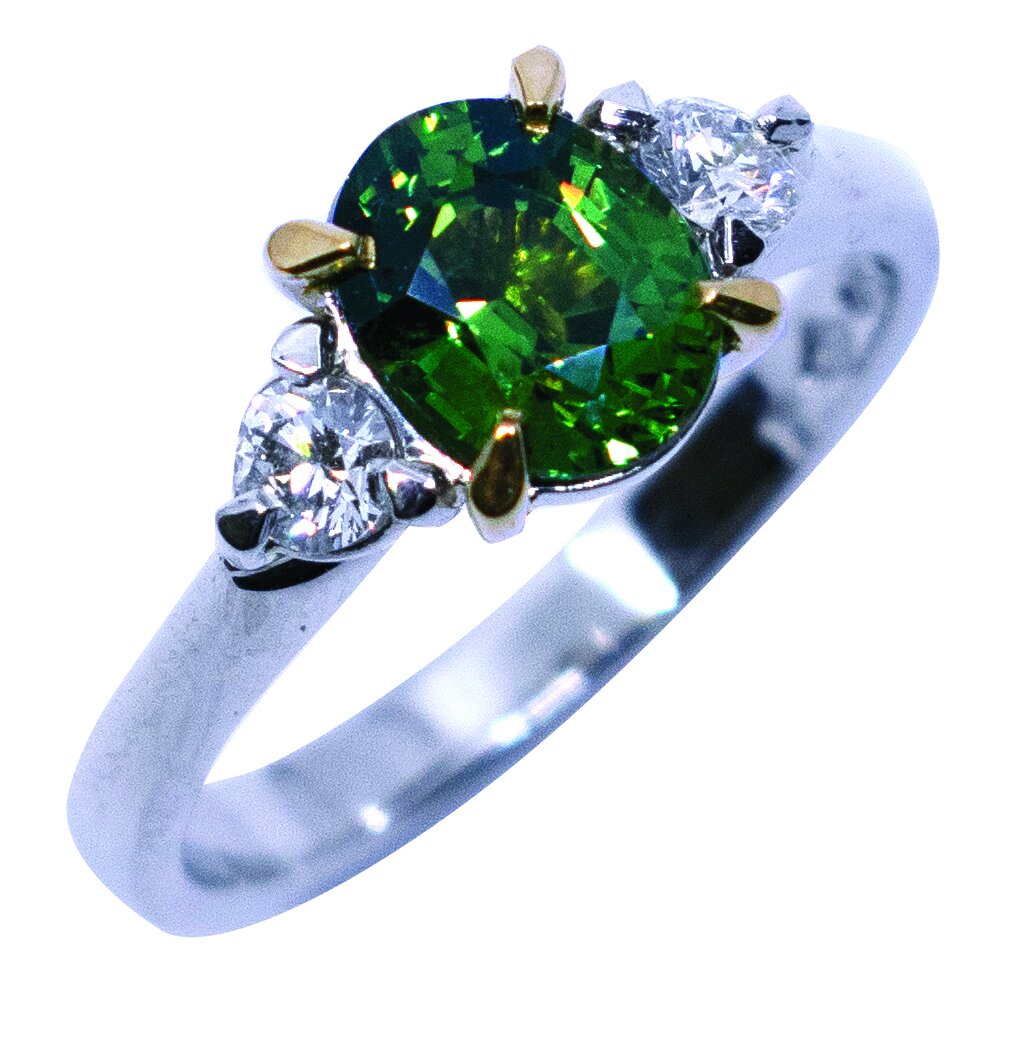 Handmade platinum and 18ct gold green sapphire & diamond ring, $4,449.jpg