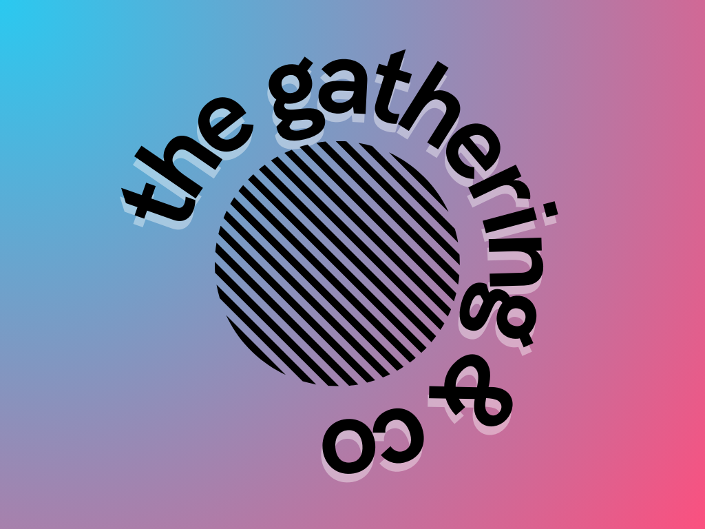 A colorful gradient background with a black striped circle in the center. Curved text around the circle reads 'the gathering co'.