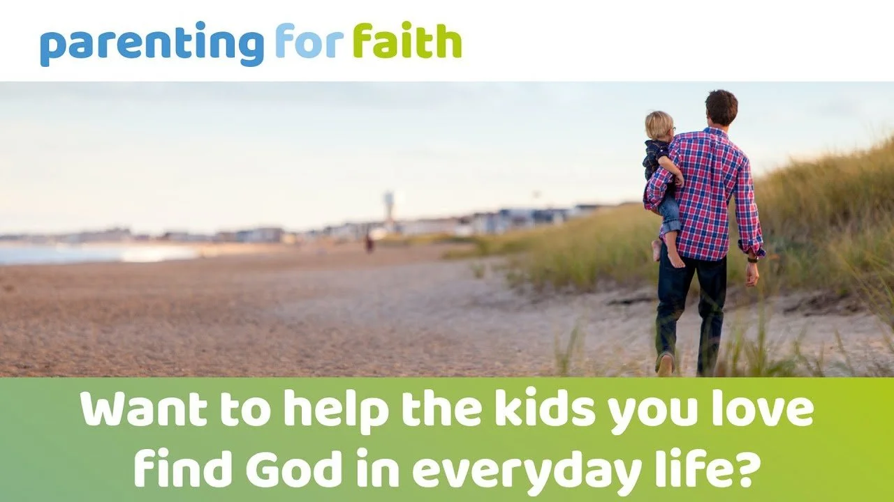 A man walks along a beach with a young girl in his arms, with the ocean and city buildings in the background. Text overlay reads "Parenting for faith" at the top and "Want to help the kids you love find God in everyday life?" at the bottom.