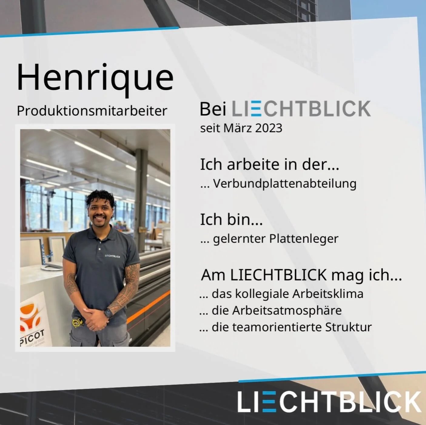 Hinter jeder verrichteten Arbeit steckt ein Verarbeitungsprofi.
D&uuml;rfen wir vorstellen?

Henrique der Verantwortungsbewusste

#liechtblick&nbsp;#schaffhausen&nbsp;#mitarbeiter&nbsp;#mitarbeiterportrait #verantwortungsbewusste