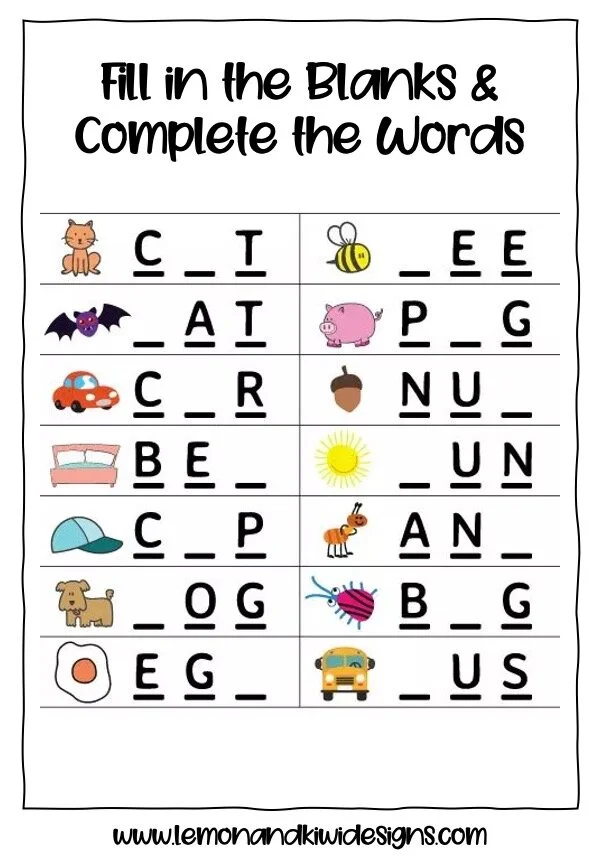 words worksheet for kindergarten