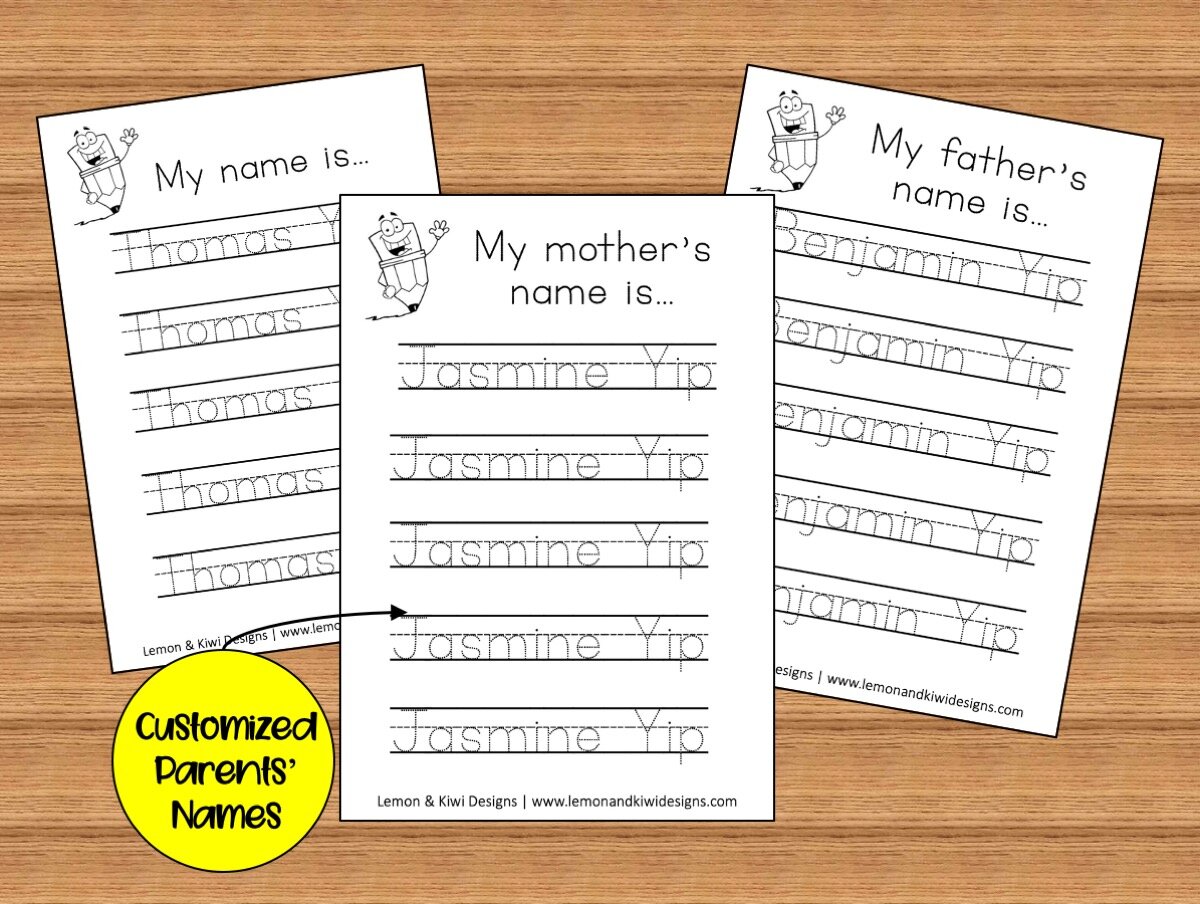 Personalized letter tracing pages with parents’ names for mom and dad
