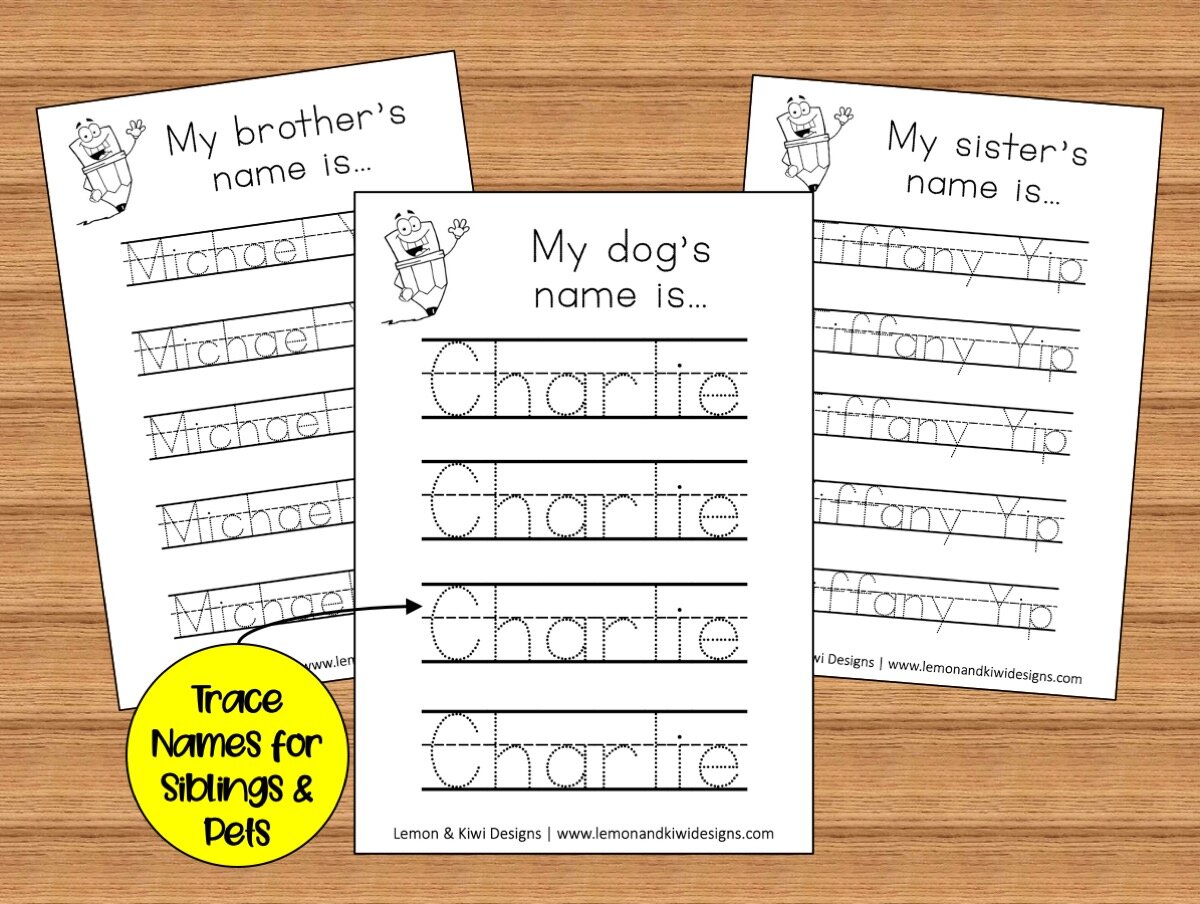 Personalized letter tracing pages with names of siblings and pets