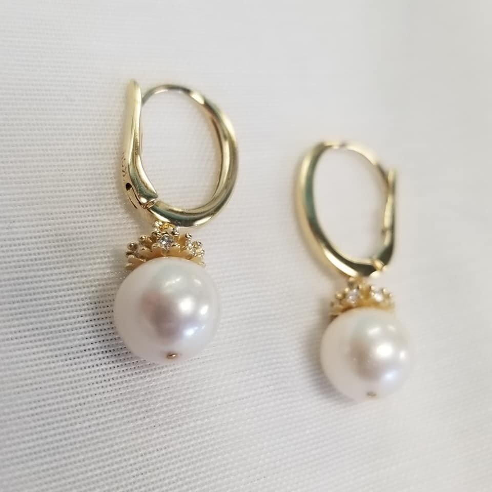 14kt Yellow Gold Pearl and Diamond Earrings