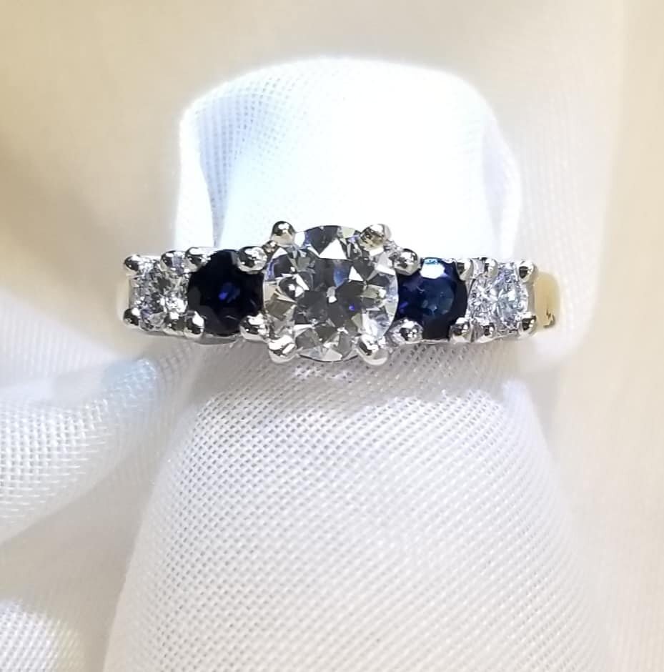 14kt 2-Toned Engagement Ring with Diamonds and Sapphires