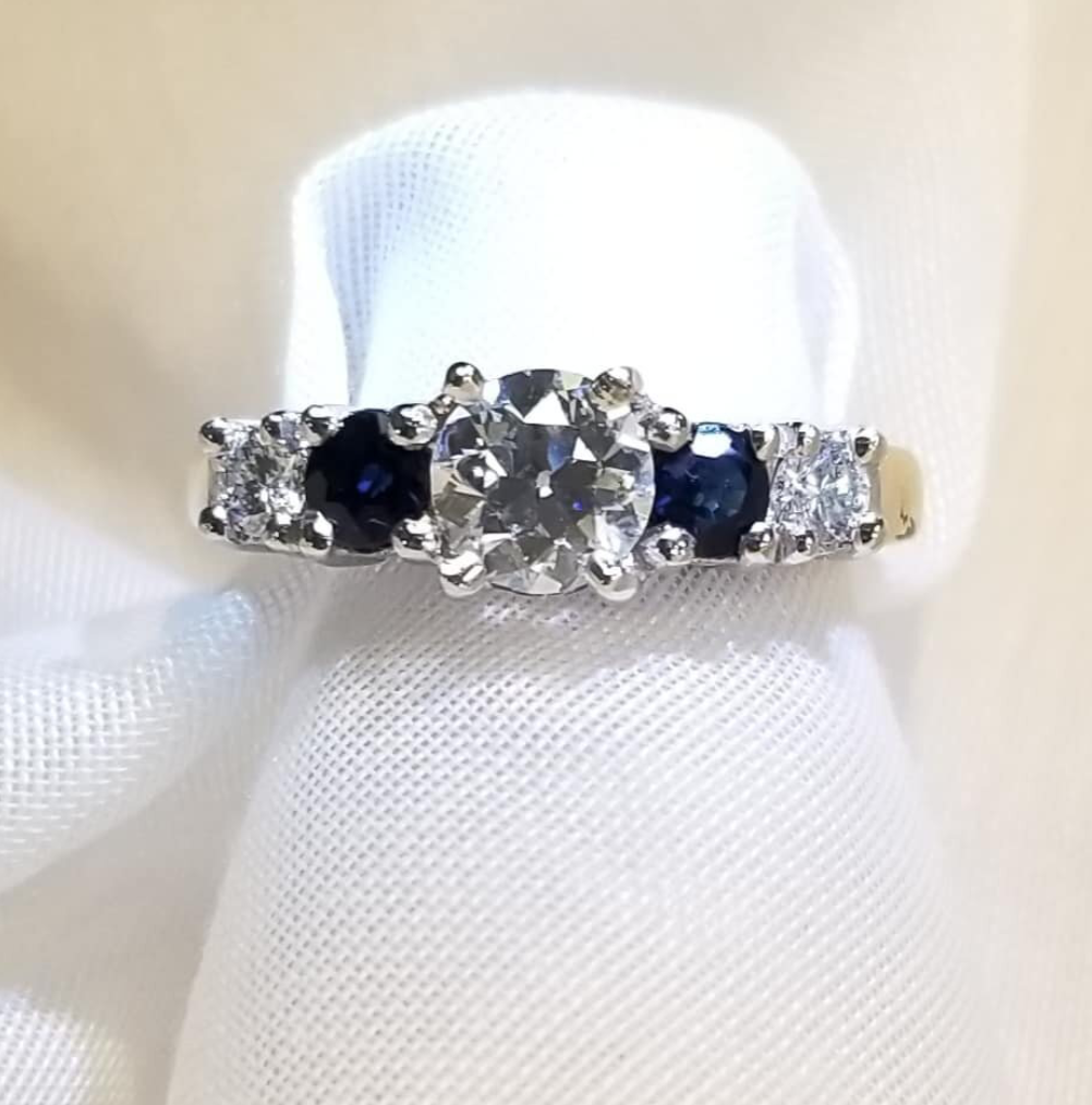 14kt 2-Toned Engagement Ring with Diamonds and Sapphires