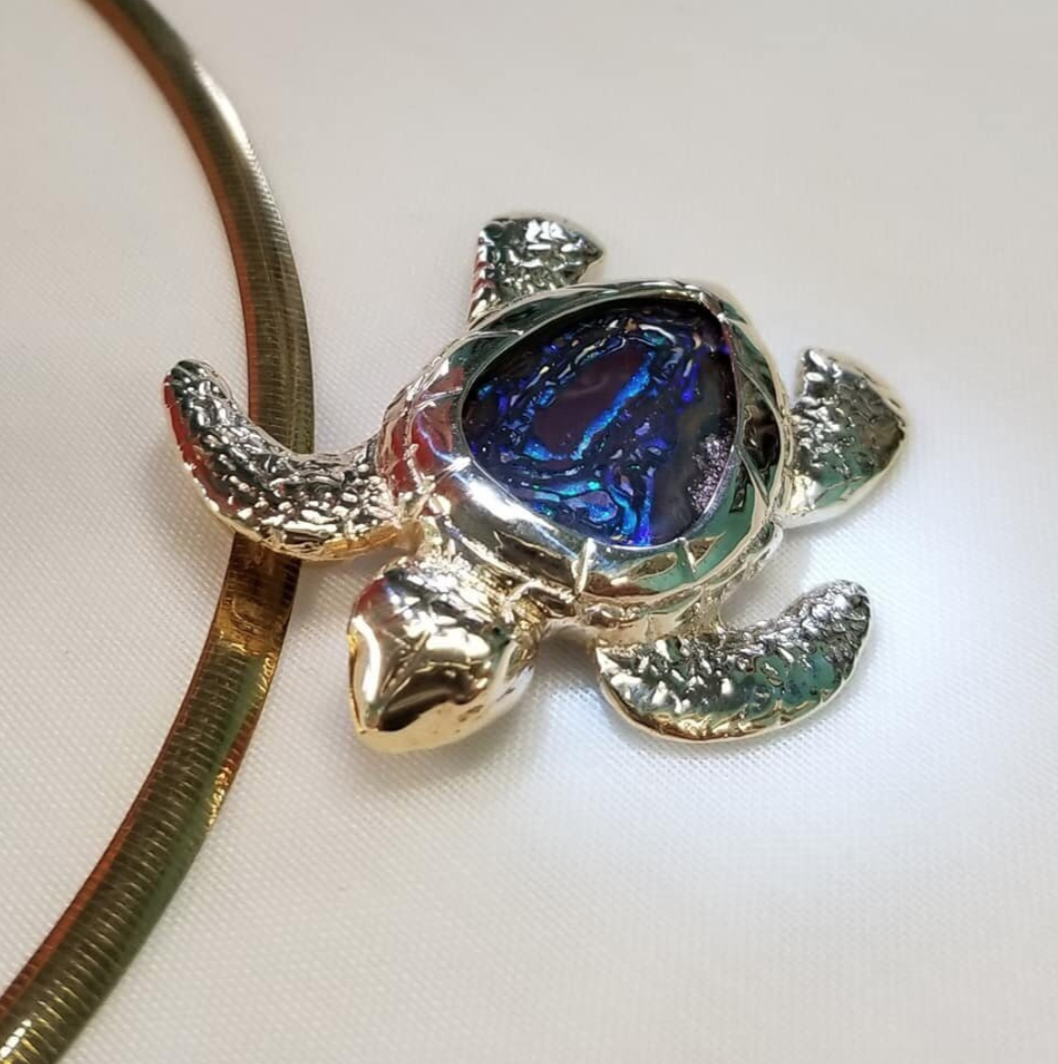 14kt Yellow Gold Turtle Pendant with Boulder Opal Shell