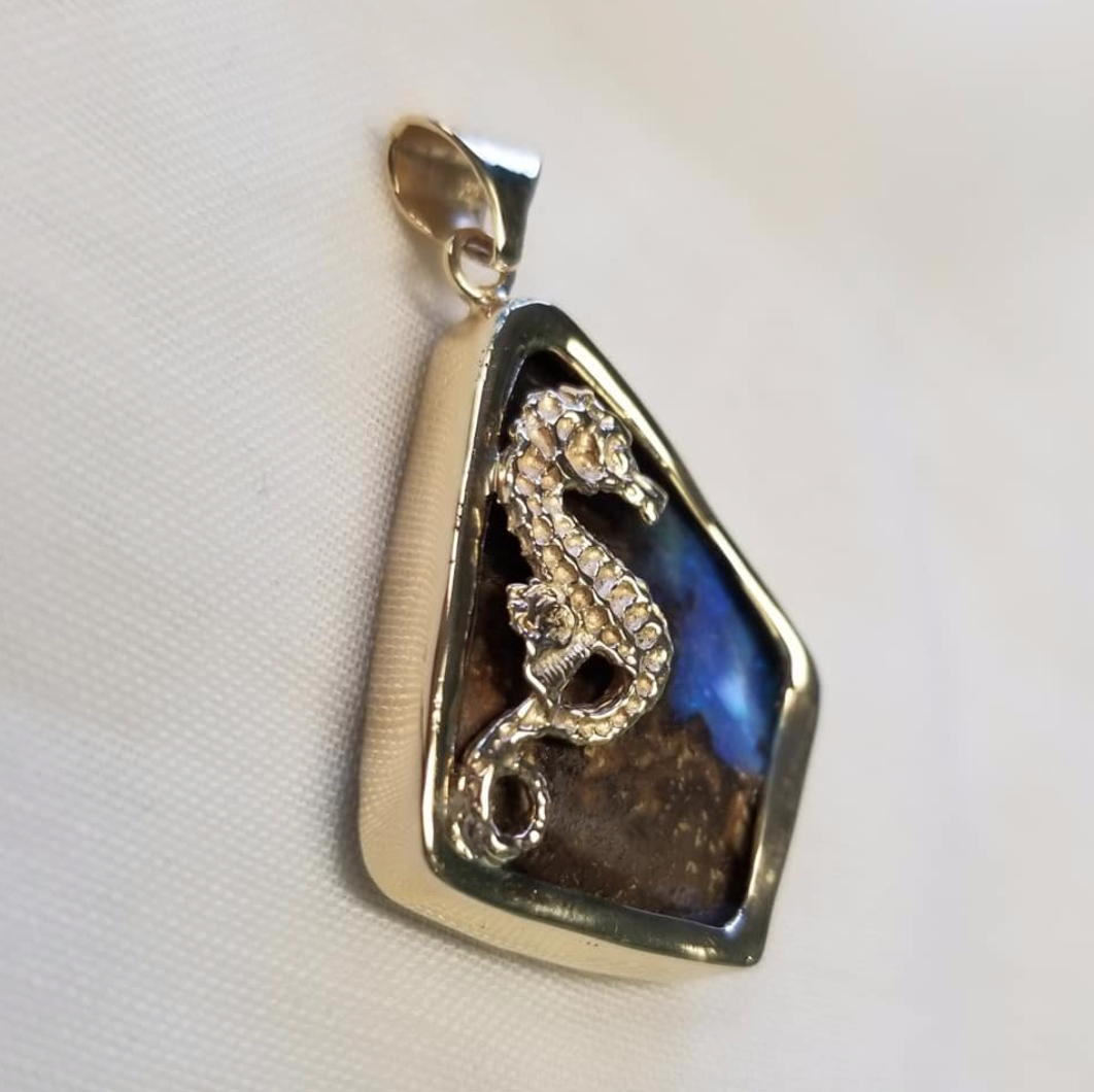 14kt Yellow Gold and Boulder Opal Seahorse Pendant
