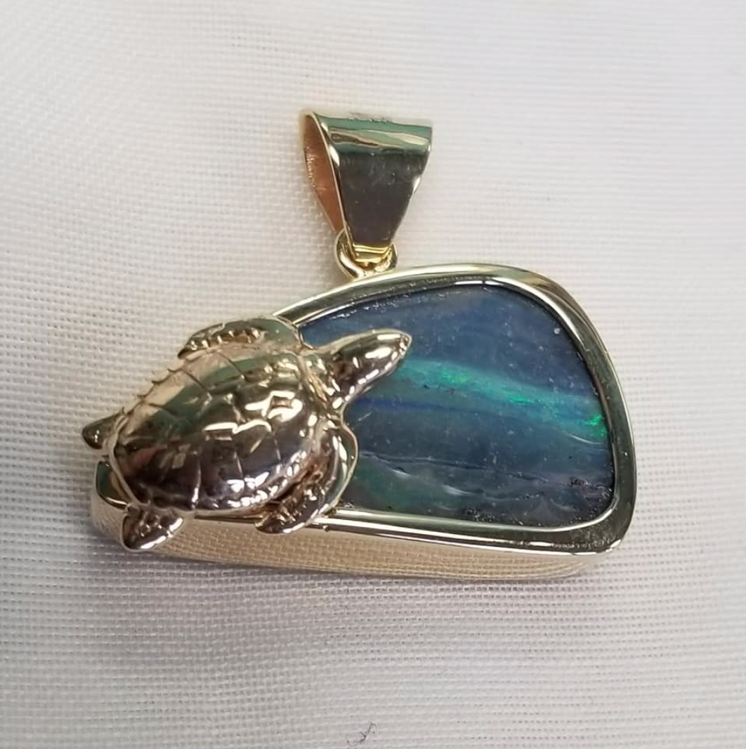 Boulder Opal and 14kt Yellow Gold Turtle Pendant