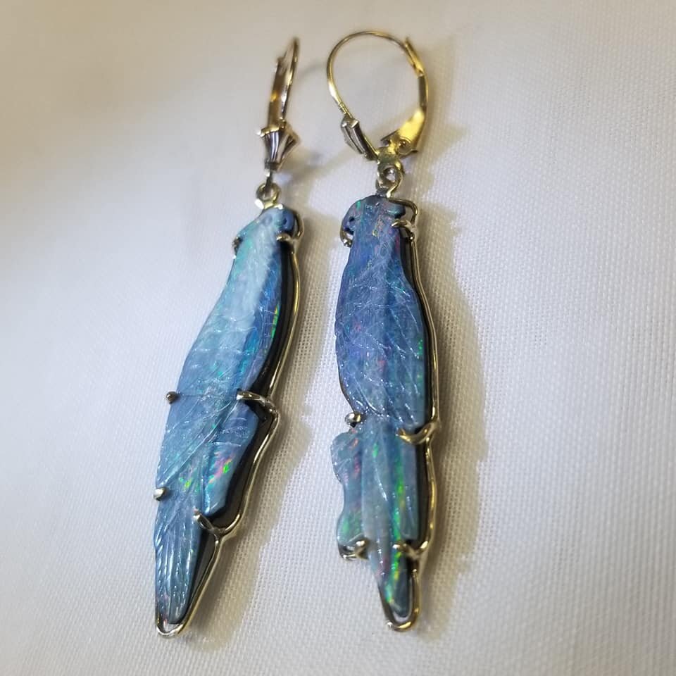 14kt Yellow Gold and Carved Opal Parrot Earrings