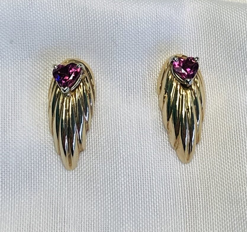 14k Yellow Gold Heart Shaped Rhodalite Garnet Earrings