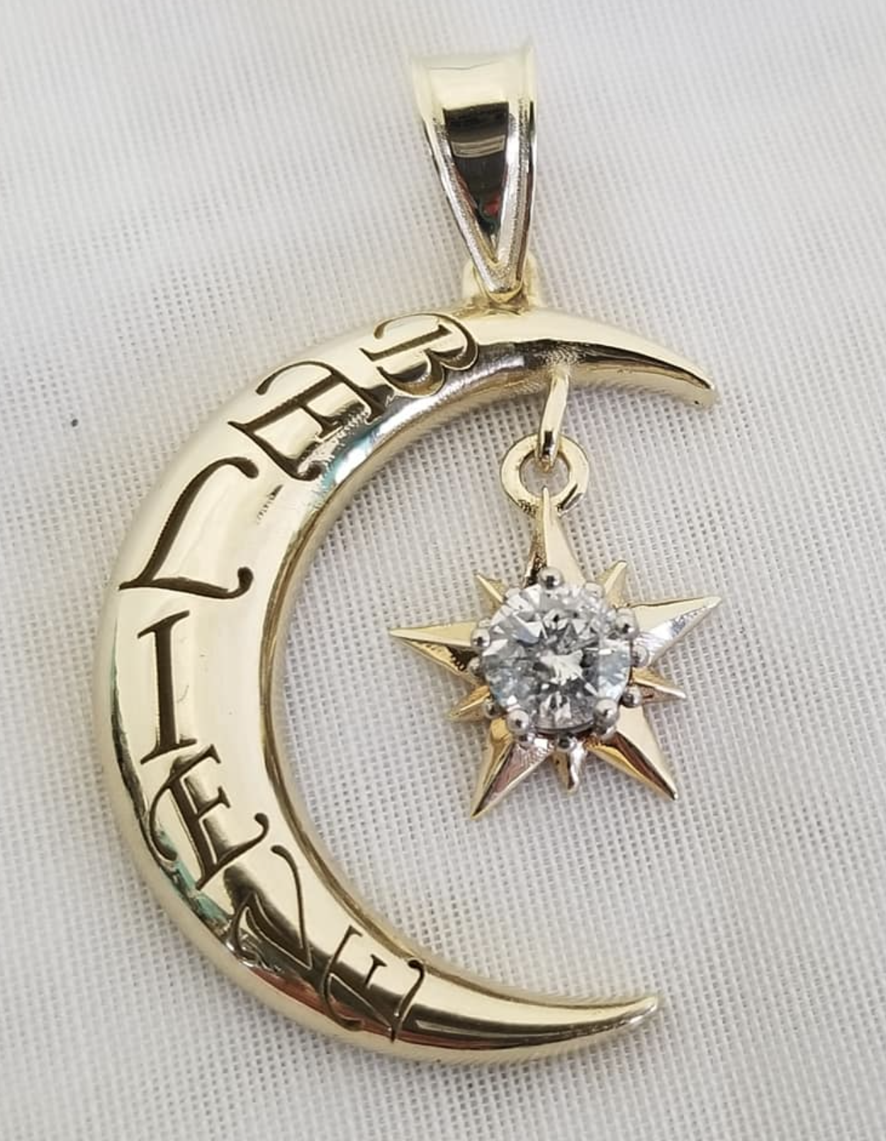 14kt Two Tone Moon and Star "Believe" Pendant