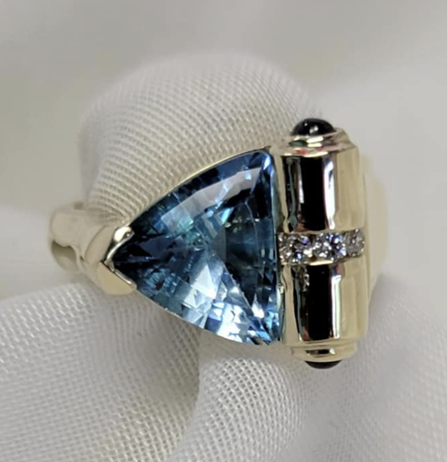 14kt Yellow Gold, Blue Topaz, Diamond and Sapphire Ring