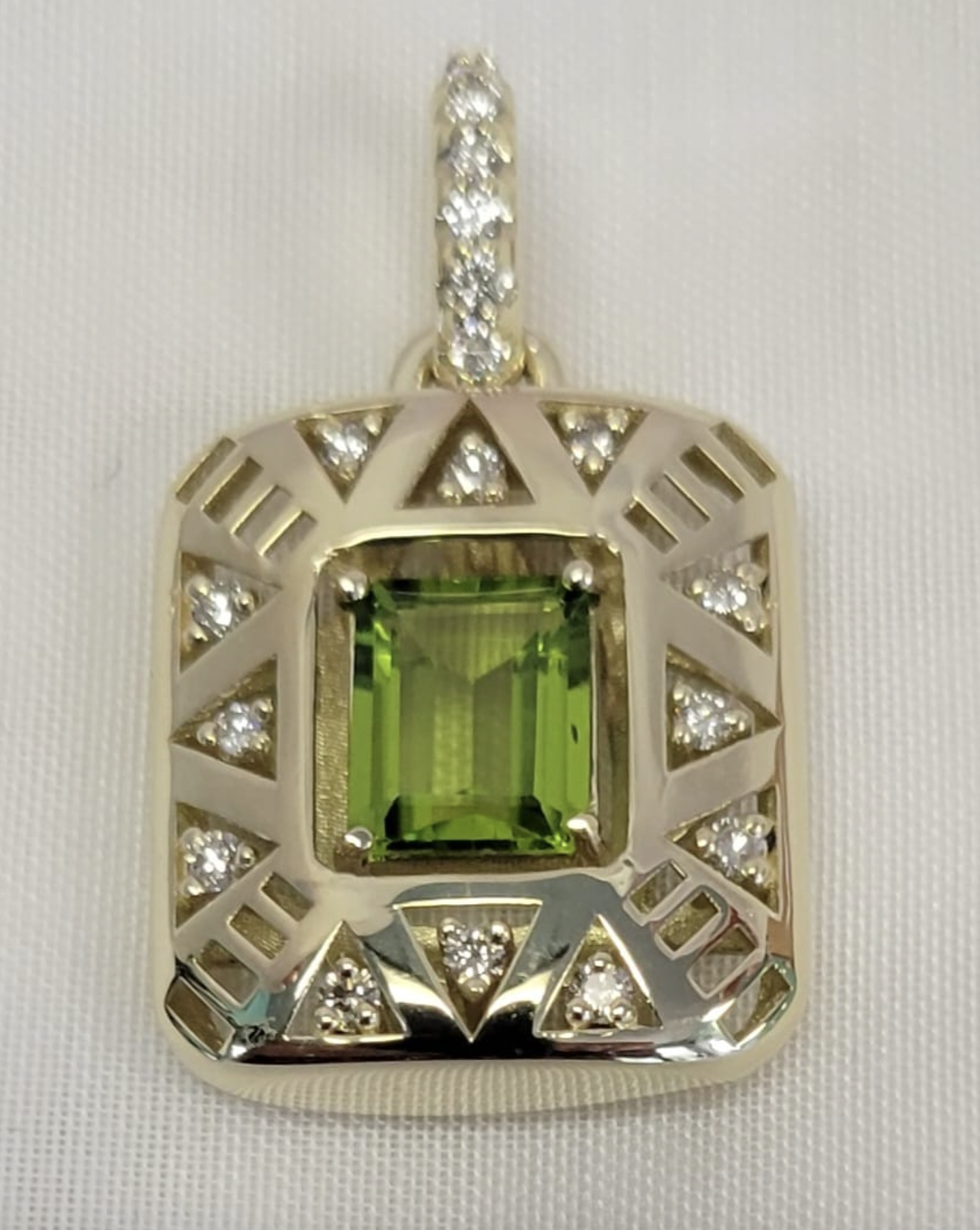 14kt Yellow Gold Emerald Cut Peridot and Diamond Pendant    