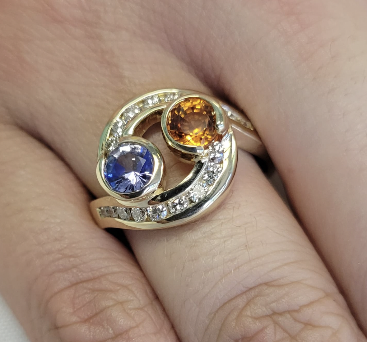 Blue and Yellow Sapphire Ring with Surrounding Diamonds 