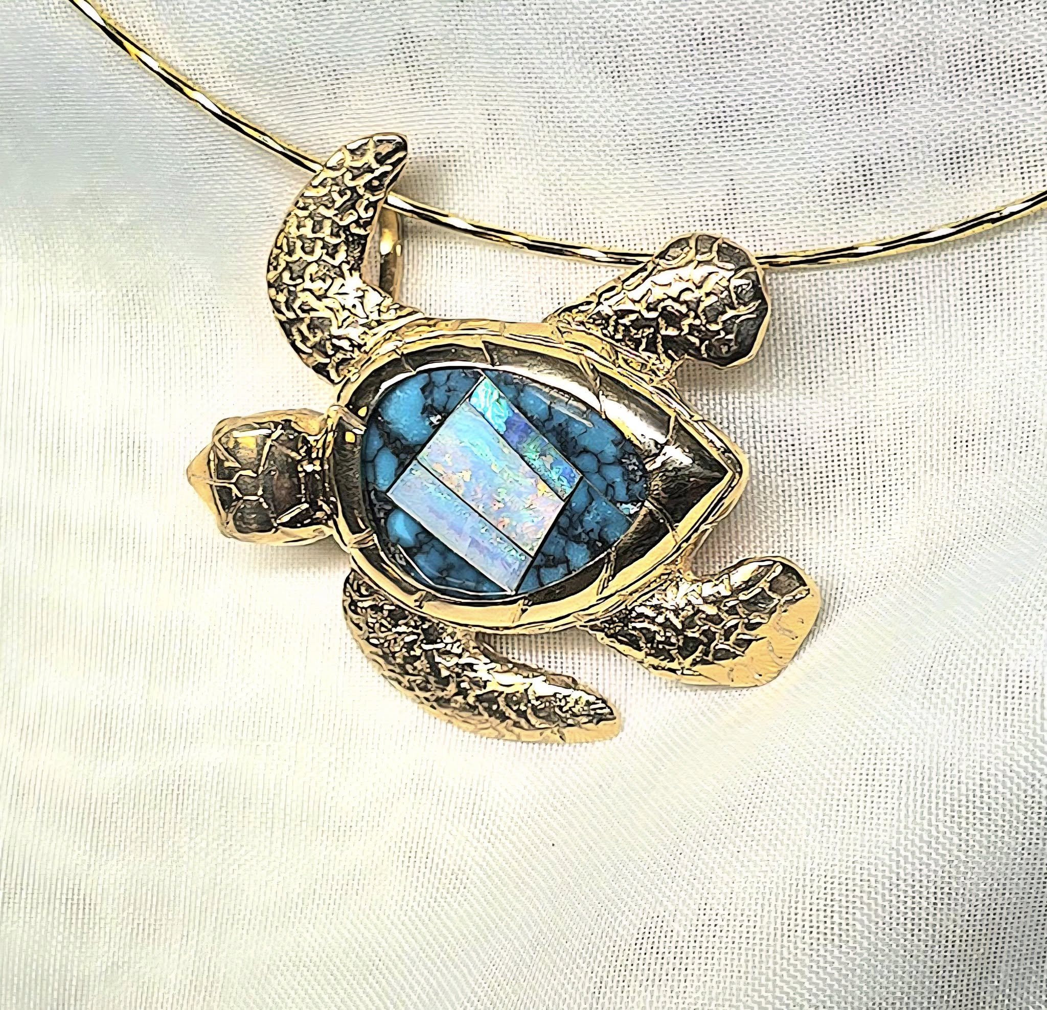 14kt Yellow Gold Inlaid Opal and Turquoise Turtle Pendant