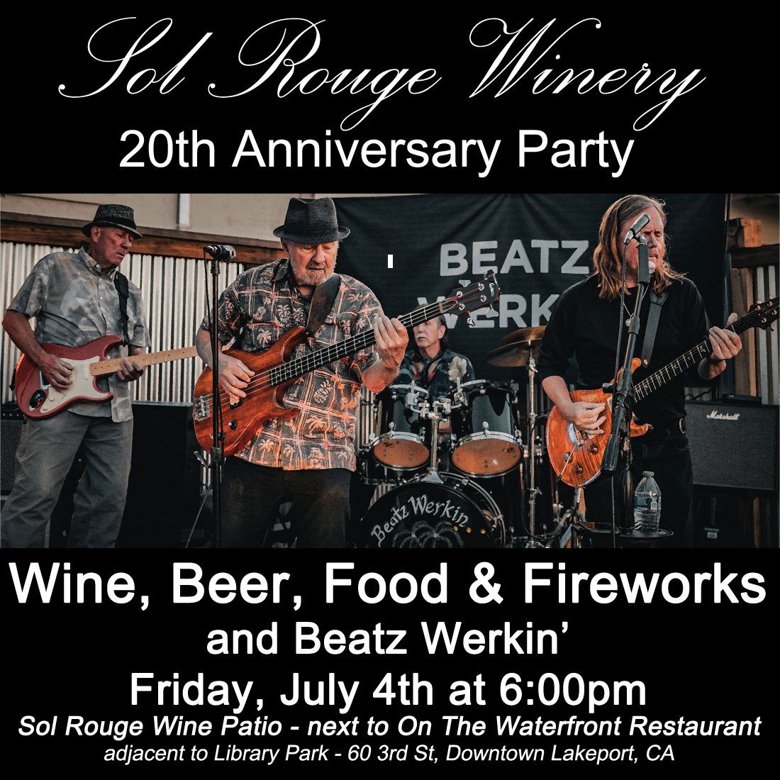 Sol Rouge Winery 20th Anniversary Celebration &amp; Fourth of July Fireworks!

Join us for Sol Rouge Winery's 20th Anniversary Celebration on Friday, July 4th -- before the Lakeport Fireworks.
Over the last 20 years, our boutique winery in Lake Count