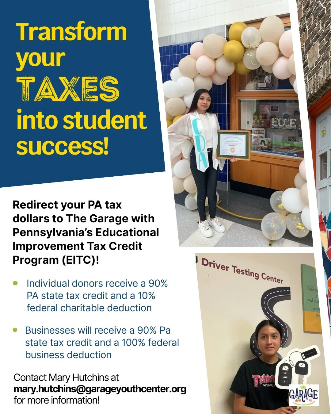 Did you know that you can redirect your PA tax dollars to The Garage Community &amp; Youth Center? 💸

With Pennsylvania&rsquo;s Educational Improvement Tax Credit (EITC) program individuals or businesses can direct their tax dollars to the Garage, p