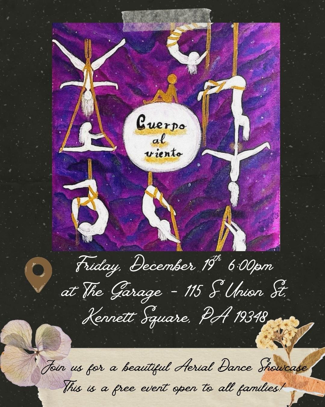 Join us Friday, December 19th at 6 PM at the Kennett Garage for a beautiful Aerial Dance Showcase by our students! This is a free event open to all families 💜

Presentacion del grupo de Danza Aerea CUERPO AL VIENTO
Viernes 19 de diciembre a las 6:00