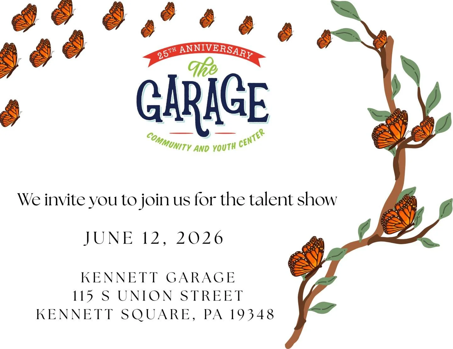 Join us Friday, June 12th for a Talent Show featuring our students! The show will be from 6-8 PM at the Kennett Garage. Entry is free and snacks will be available for purchase. All funds raised will be used to support our friend Murphy in her fight a